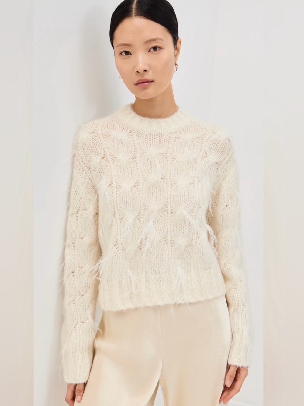 Vince cable knit sweater w ostrich feathers